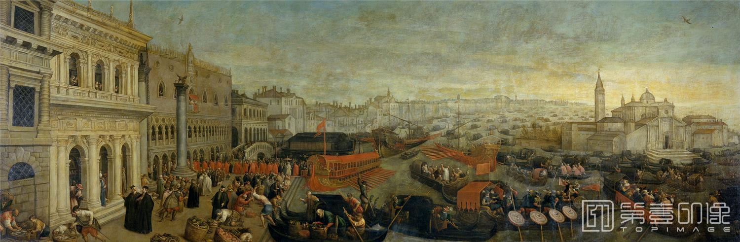 油画-西班牙普拉多美术馆油画藏画-Bassano, Leandro-Embarco del Dux de Venecia-200cm x 597cm-0318